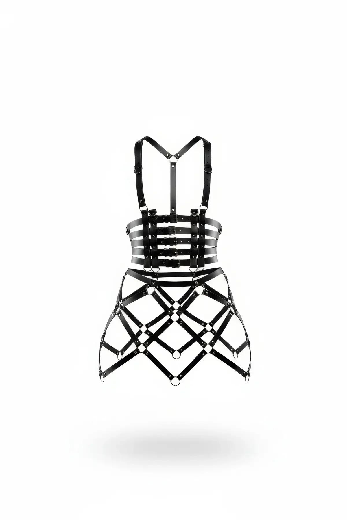 Black Cage Skirt Harness with Strappy Bodice