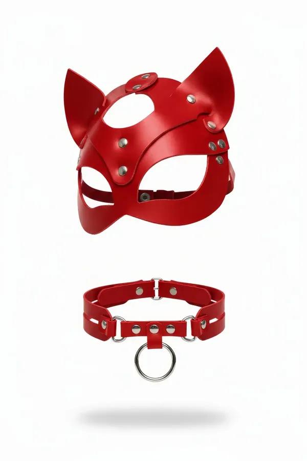Red Faux Leather Cat Ears Mask & Choker Collar Set