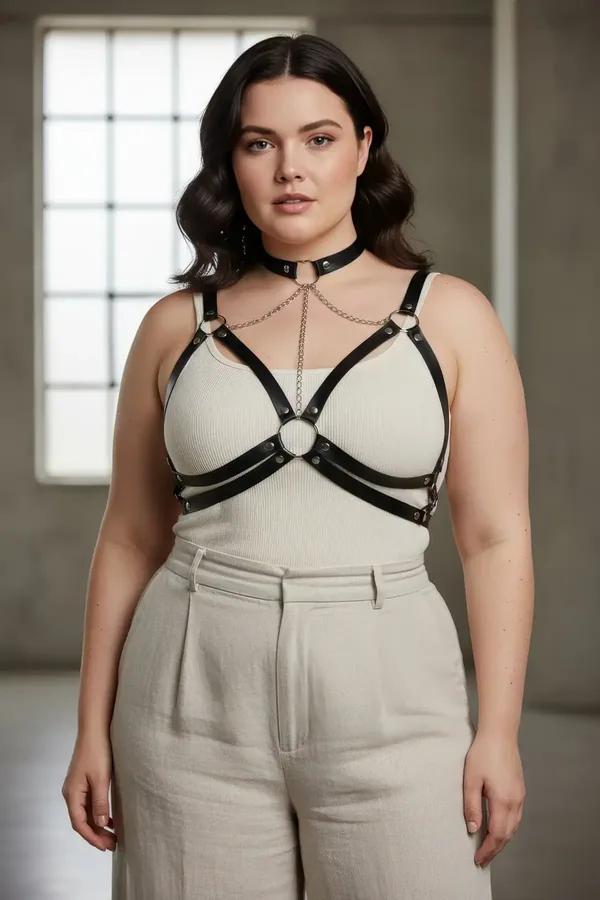 black faux leather caged chest harness with silver choker and detachable body chain worn over white tank top