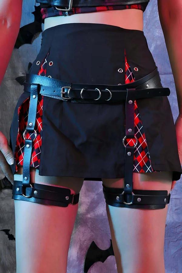 Black Faux Leather Thigh & Waist Garter Harness with D-Ring Buckles Adjustable Straps