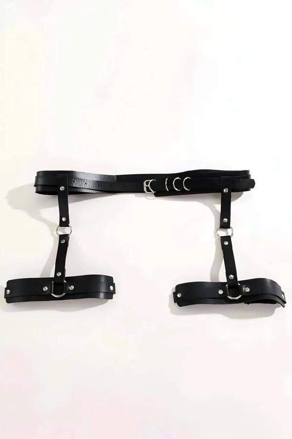 Black Faux Leather Thigh & Waist Garter Harness with D-Ring Buckles Adjustable Straps