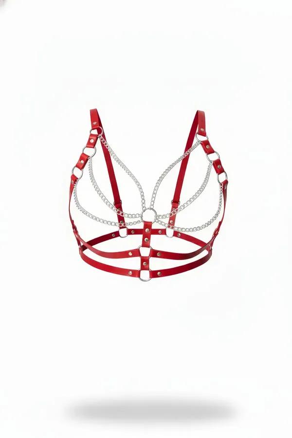 Red Faux Leather Harness Bra with Cascading Chains
