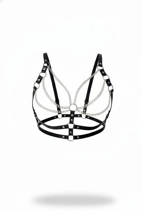 Faux Leather Harness Bra with Draped Chains