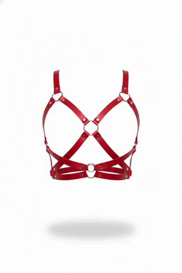 Red O-Ring X-Strap Faux Leather Harness Bra
