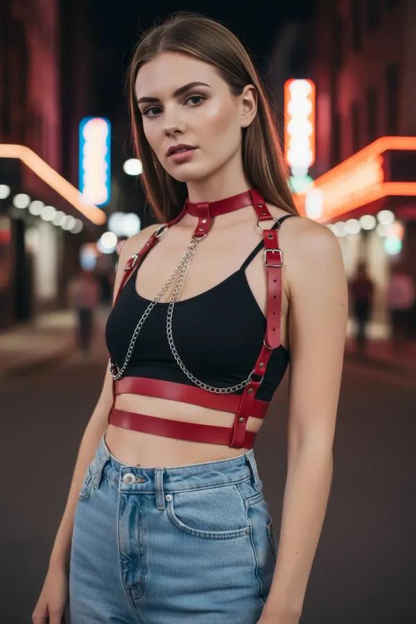 Red faux leather body harness with integrated choker and draped silver chains worn over black crop top
