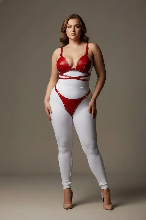 Red Faux Leather Bra Harness Set with Stud Details