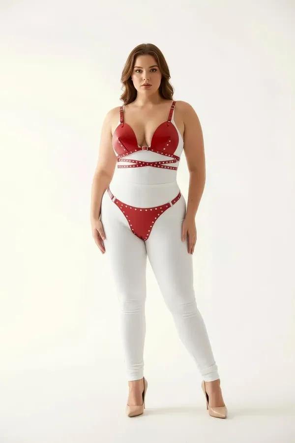 Red Faux Leather Bra Harness Set with Stud Details