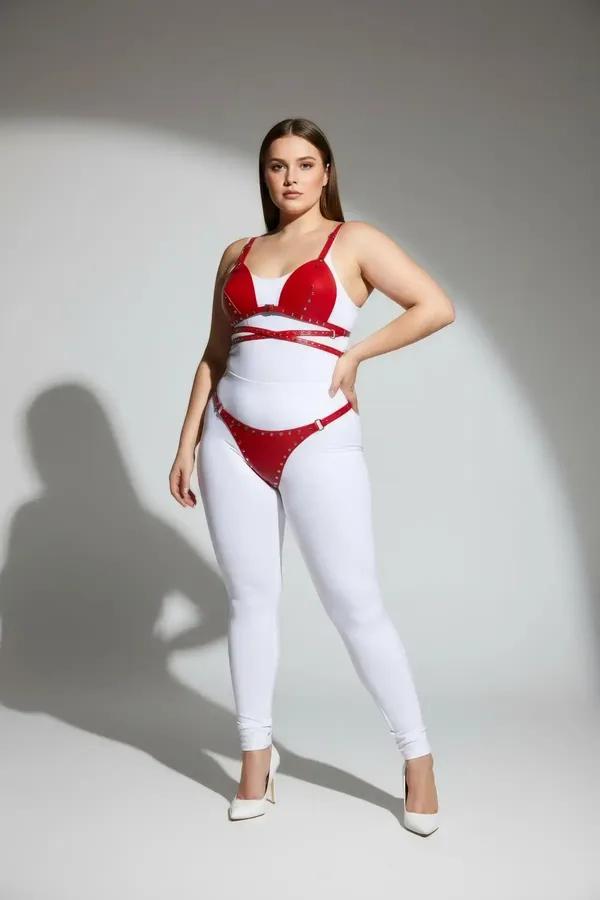 Red Faux Leather Bra Harness Set with Stud Details
