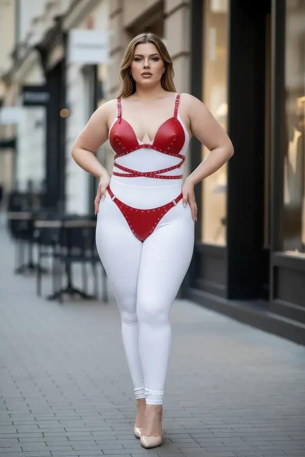 Red Faux Leather Bra Harness Set with Stud Details