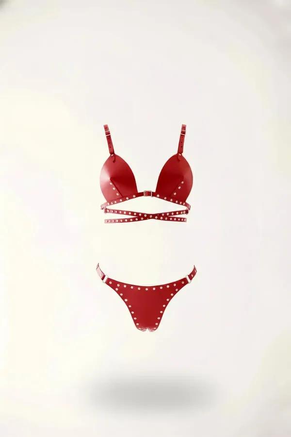 Studded Faux Leather Harness Bralette & Thong Set