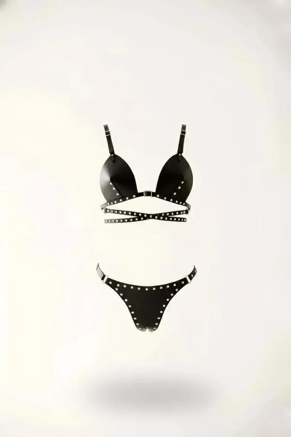Studded Faux Leather Bra & Thong Harness Set