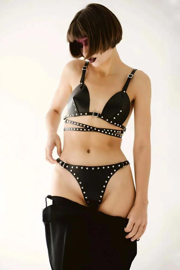 Studded Faux Leather Bra & Thong Harness Set