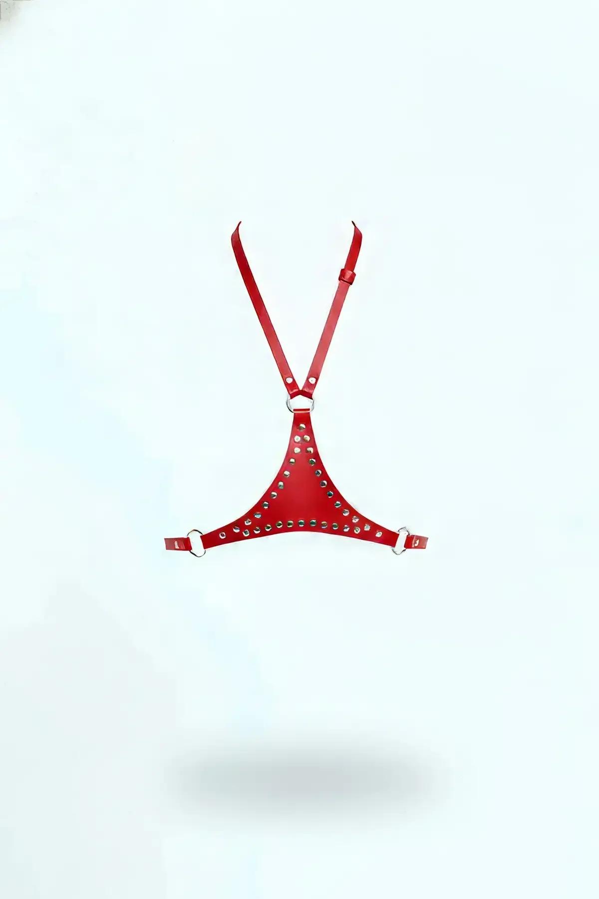 red faux leather studded chest harness with triangular panel silver dome rivets and adjustable halter straps