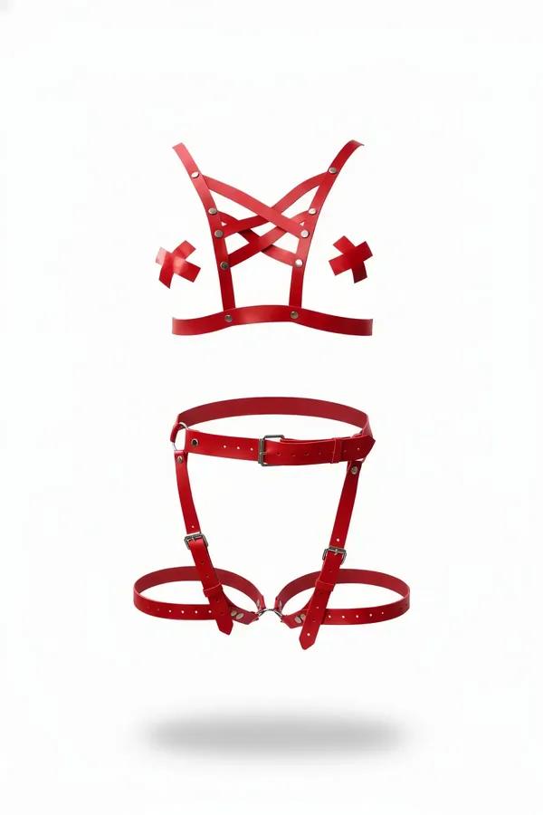 Red Faux Leather Harness Set with Studded Cross Bra & Thigh