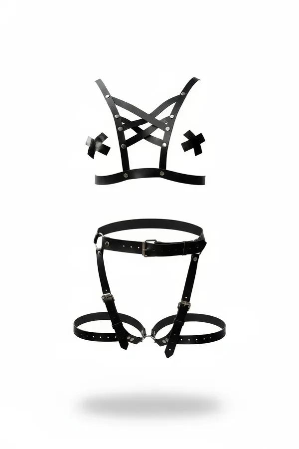 black faux leather cross detail chest harness and garter leg straps set with silver stud hardware
