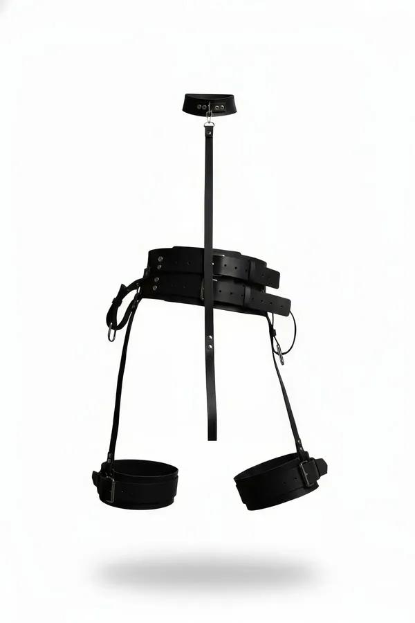 Black Faux Leather Harness Set with Neck Collar & Cuffs