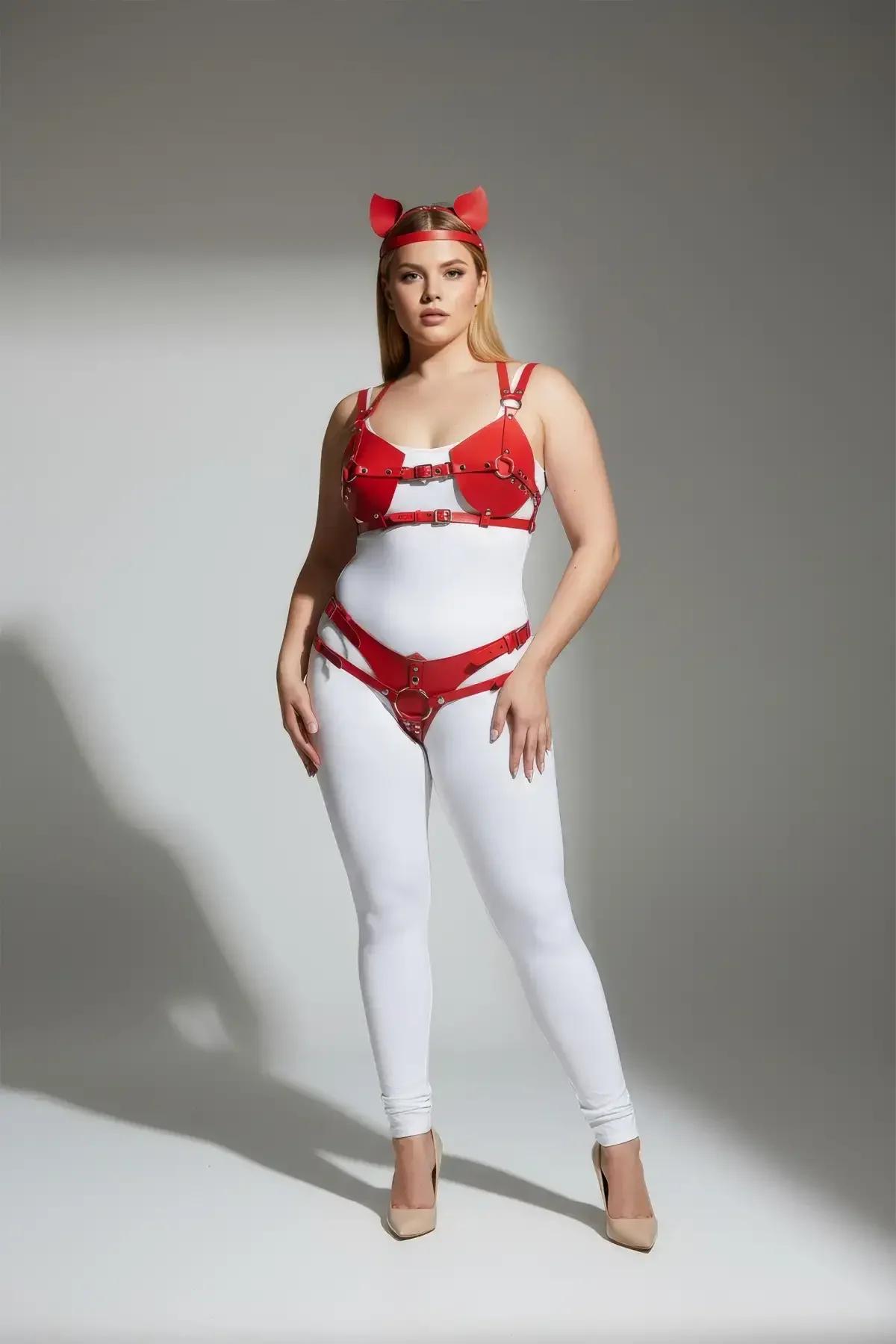 Red Vegan Leather Harness Set with Cat Ears Accessory