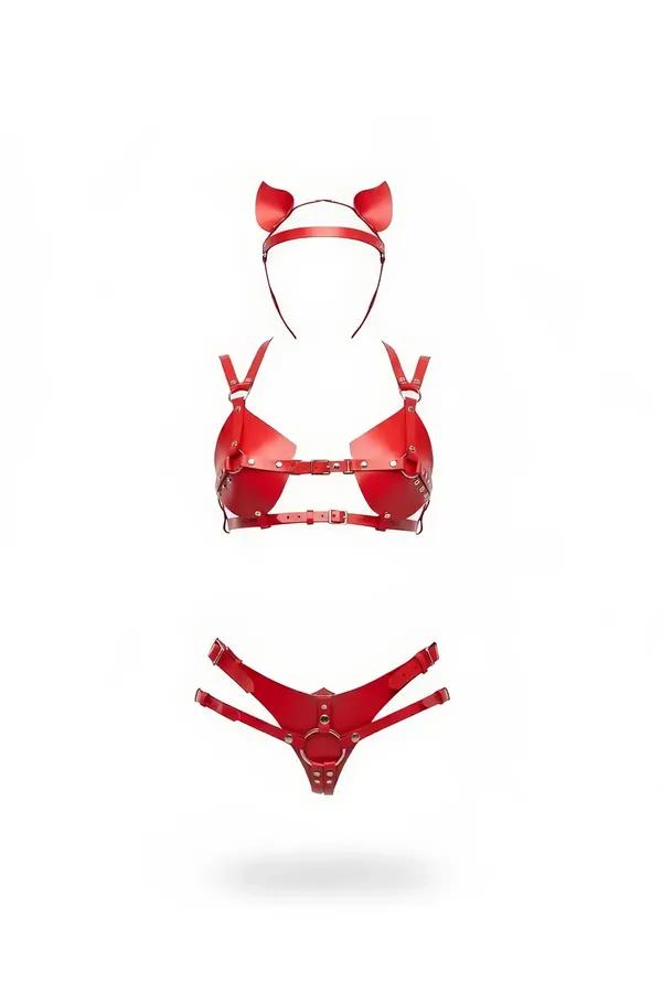 Red Faux Leather Harness Bralette & Panty Set with Ears