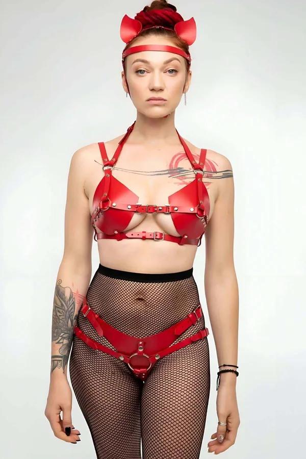Red Faux Leather Bra & Panty Harness Set with O-Ring