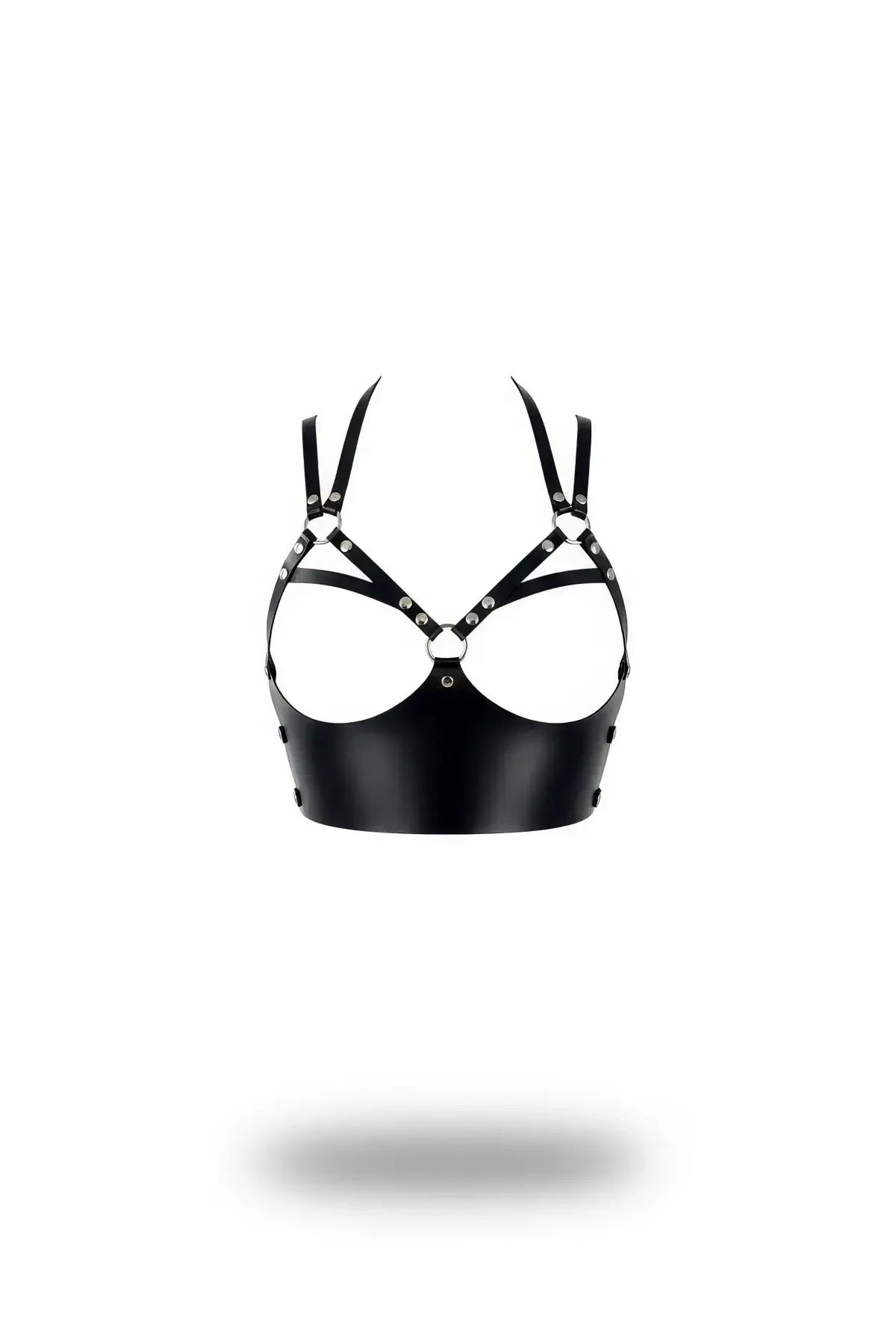 Open Bust Faux Leather Harness Crop Top with O-Rings