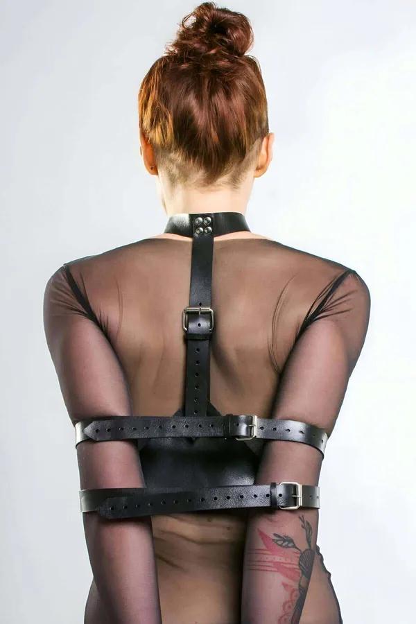 Adjustable Vegan Leather Back Harness with Arm Cuffs