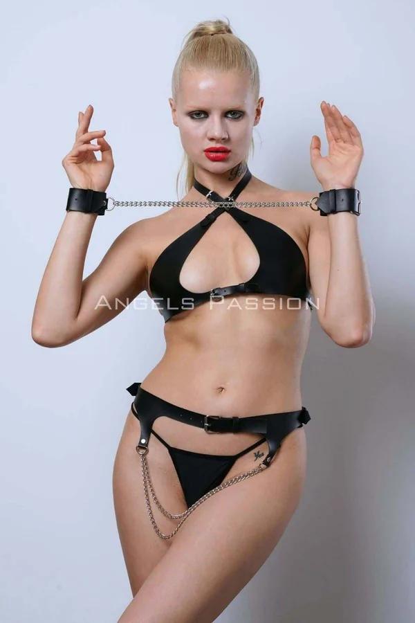 Faux Leather Harness Bra, Garter Belt, & Handcuff Set