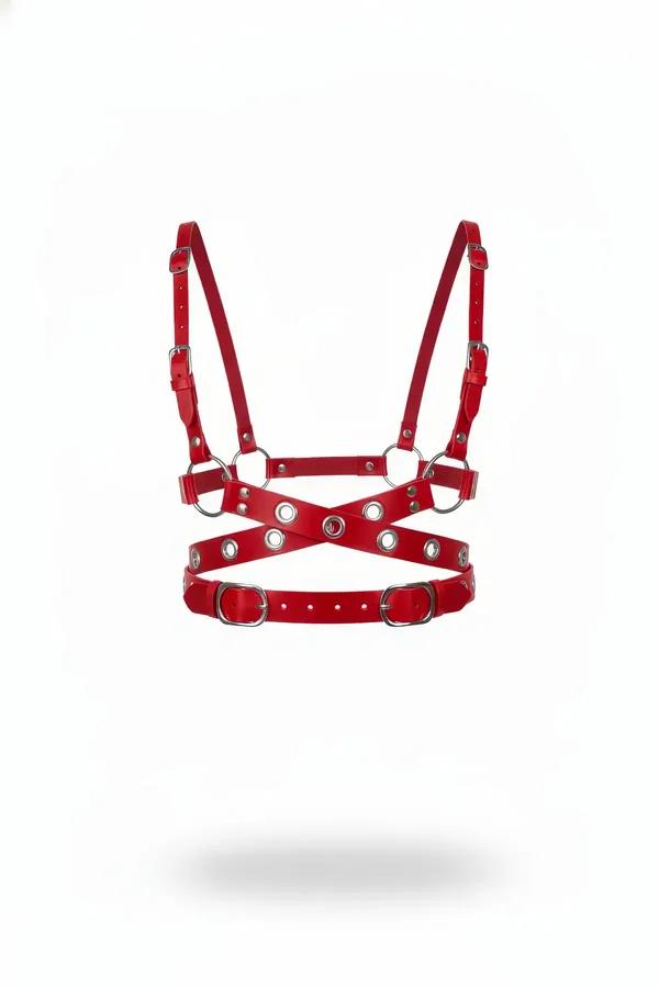 Red Faux Leather Chest Harness with O-Rings & Buckles