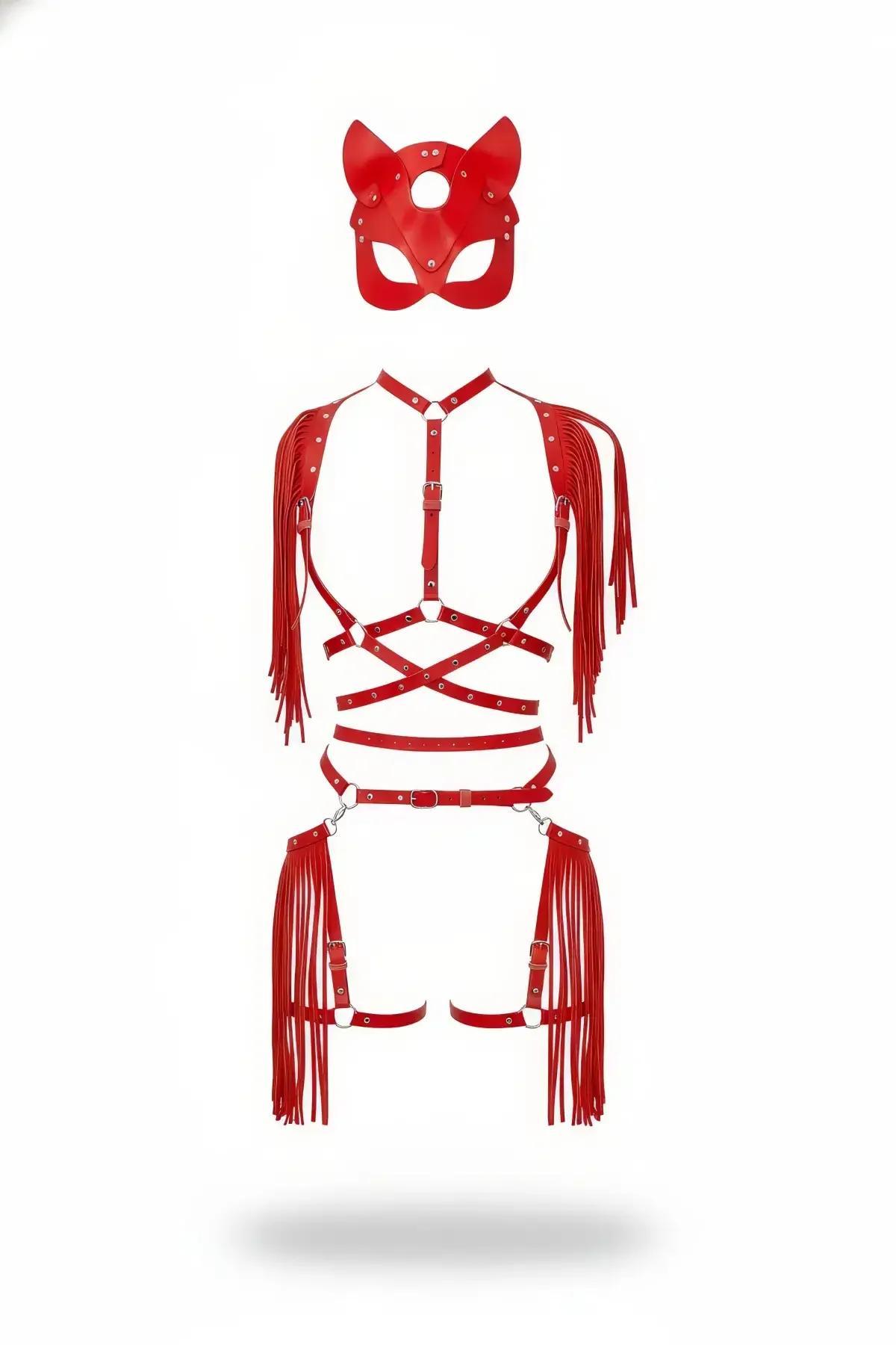 Red Fringe Body Harness Set with Cat Mask