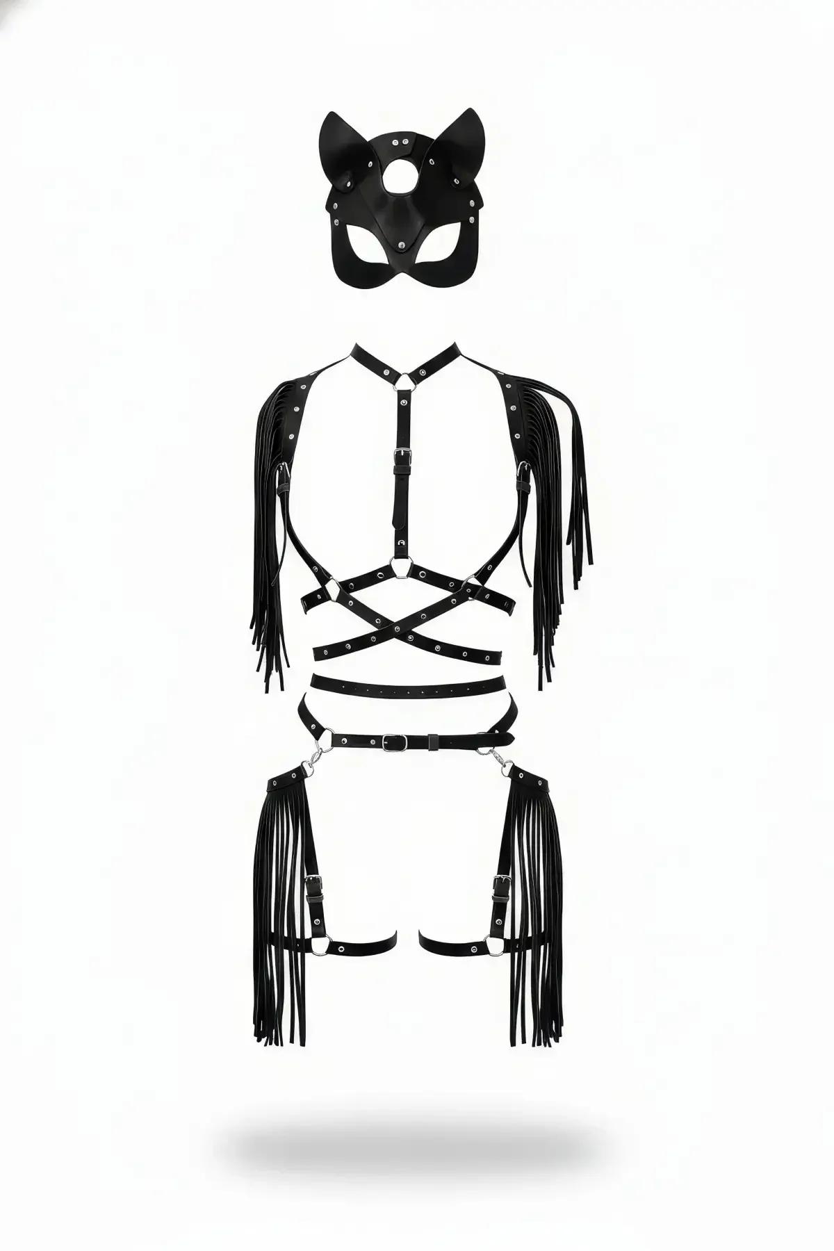 Fringed Faux Leather Body Harness with Cat Mask Set