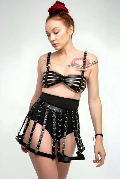 Faux Leather Chest Harness & Skirt Set with O-Rings