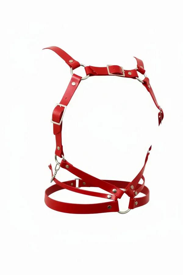 Red Faux Leather Multi-Strap Body Harness with O-Rings