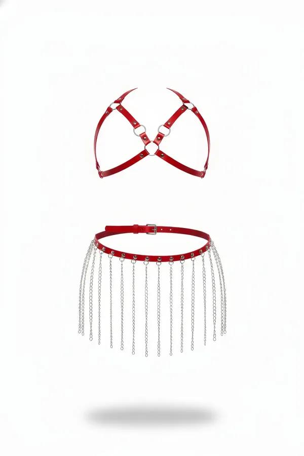 Red Faux Leather Chest Harness & Chain Fringe Waist Set