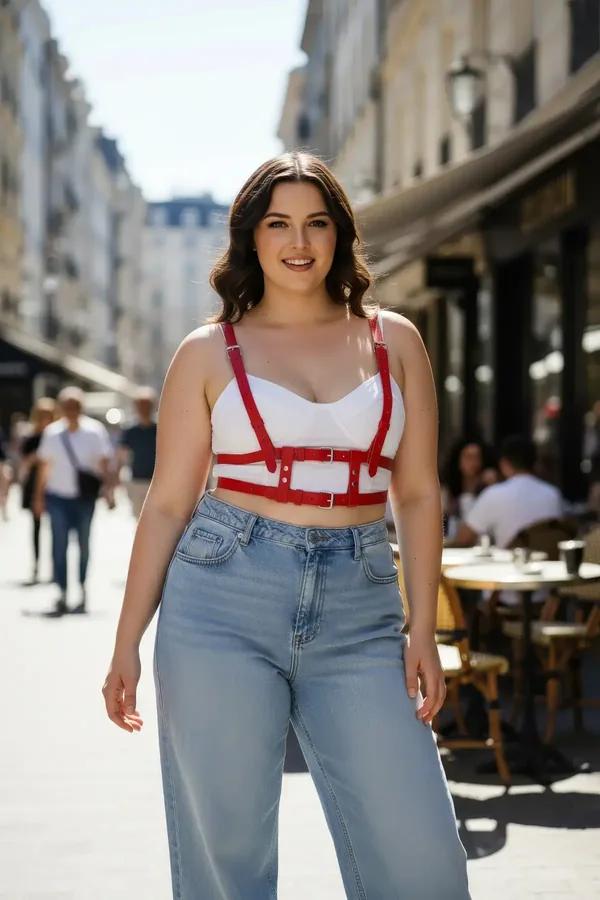 red faux leather caged underbust harness top with silver buckle hardware worn over white crop top
