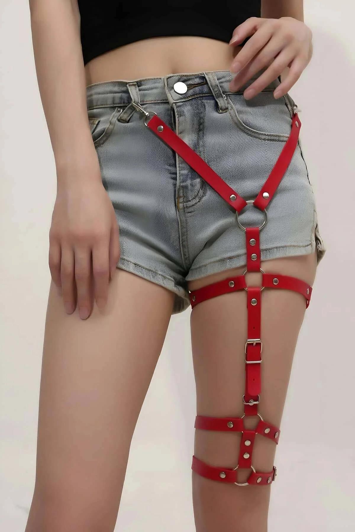 Red Faux Leather Thigh Harness with Adjustable Garter Straps