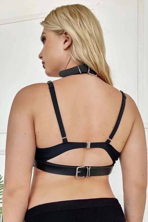 Faux Leather Bra Harness with Layered Chain Detail