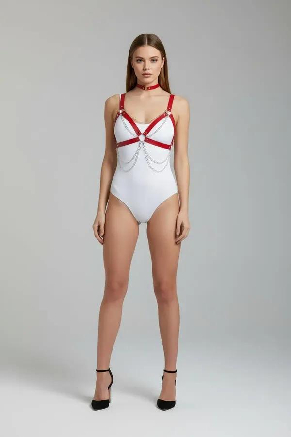 Red Faux Leather Body Harness with Draped Chains & O-Rings