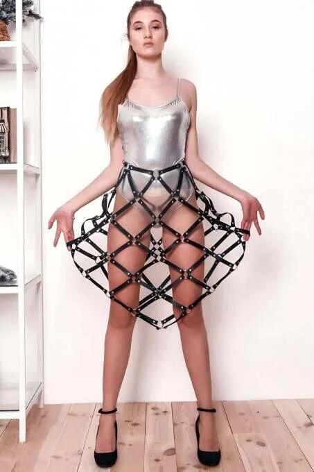 Grid Pattern Harness Skirt Back View Silver Rivet Details Lingerie Set with Adjustable Thigh Straps
