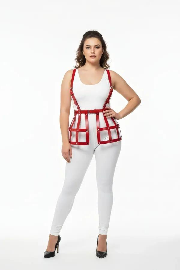 red vegan leather caged underbust harness vest top with rectangular grid panels and gold-tone rivet hardware