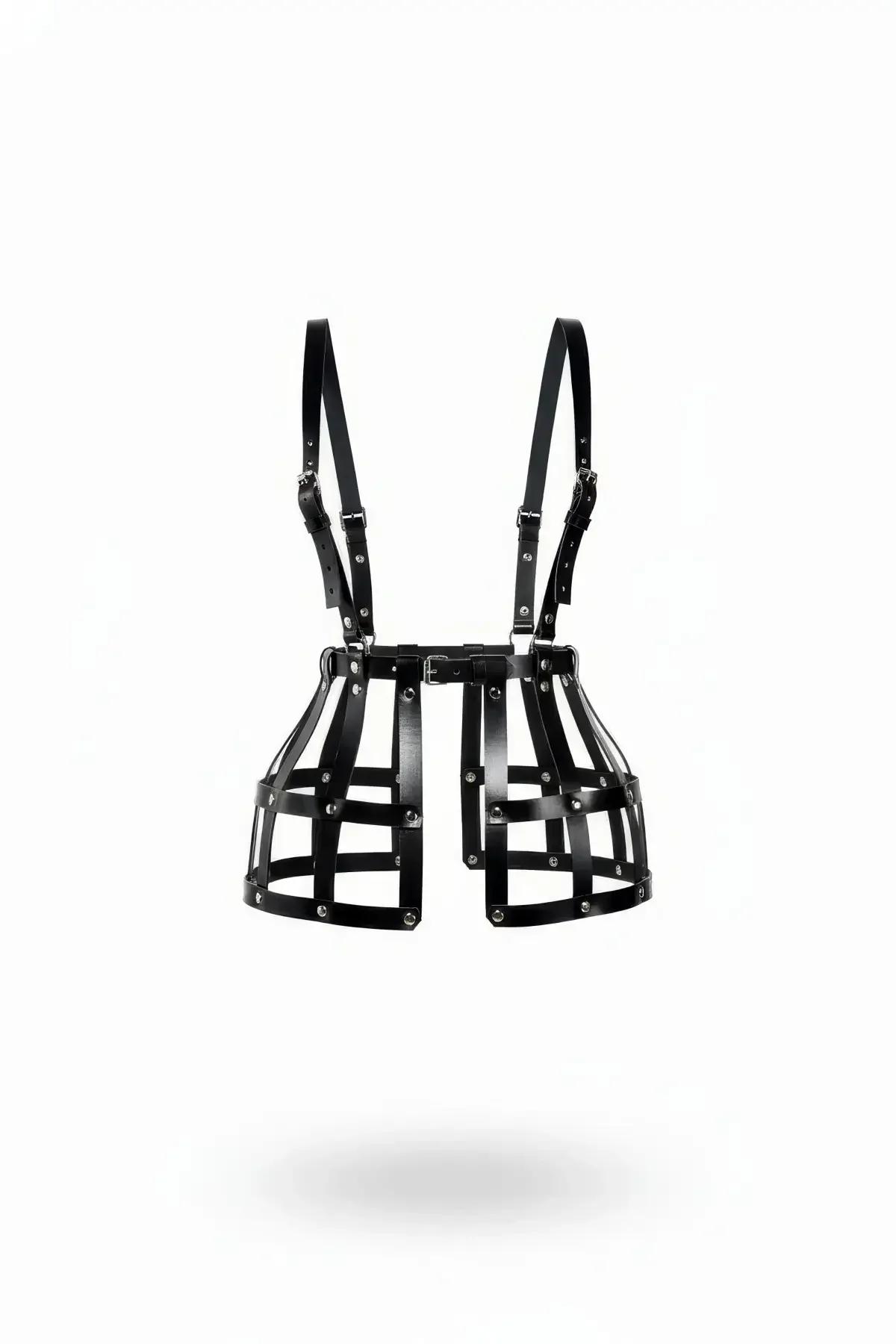 Black Faux Leather Cage Skirt Harness with Shoulder Straps