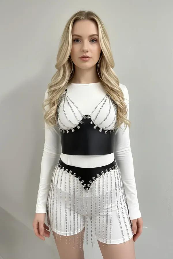 Chain Fringe Belt Skirt with Faux Leather Waistband
