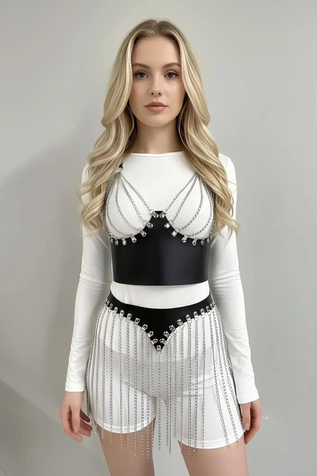 Chain Fringe Belt Skirt with Faux Leather Waistband