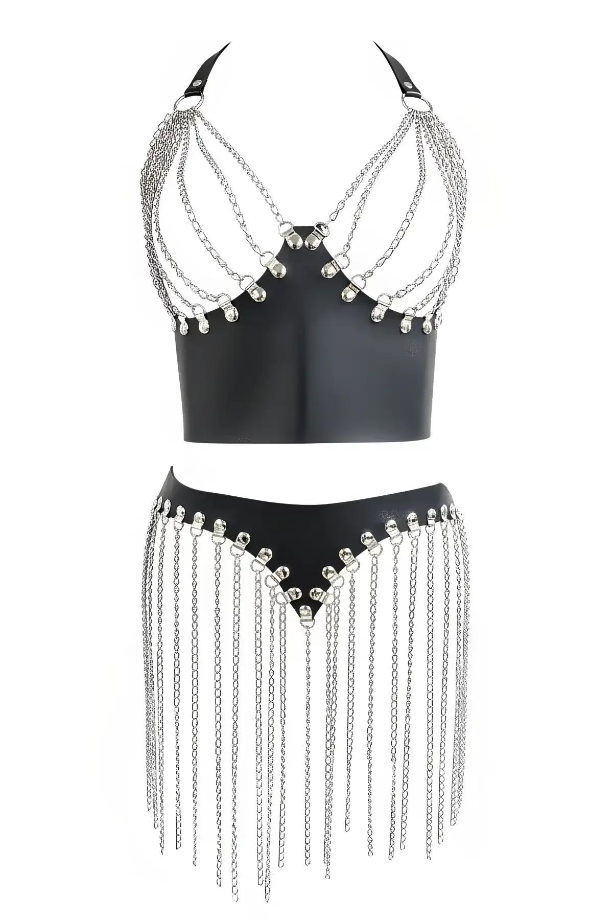 Chain Fringe Belt Skirt with Faux Leather Waistband
