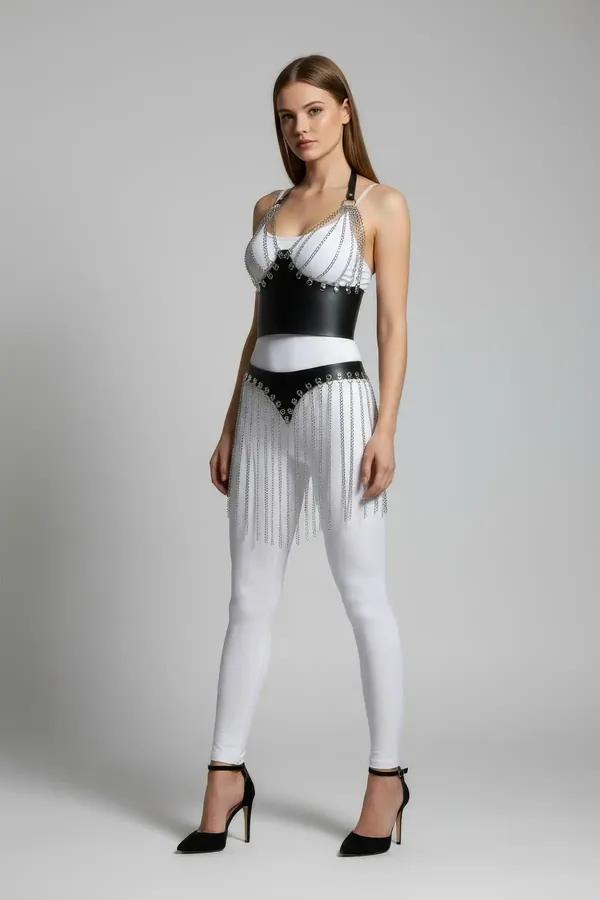 Faux Leather Corset Harness with Silver Chain Fringe