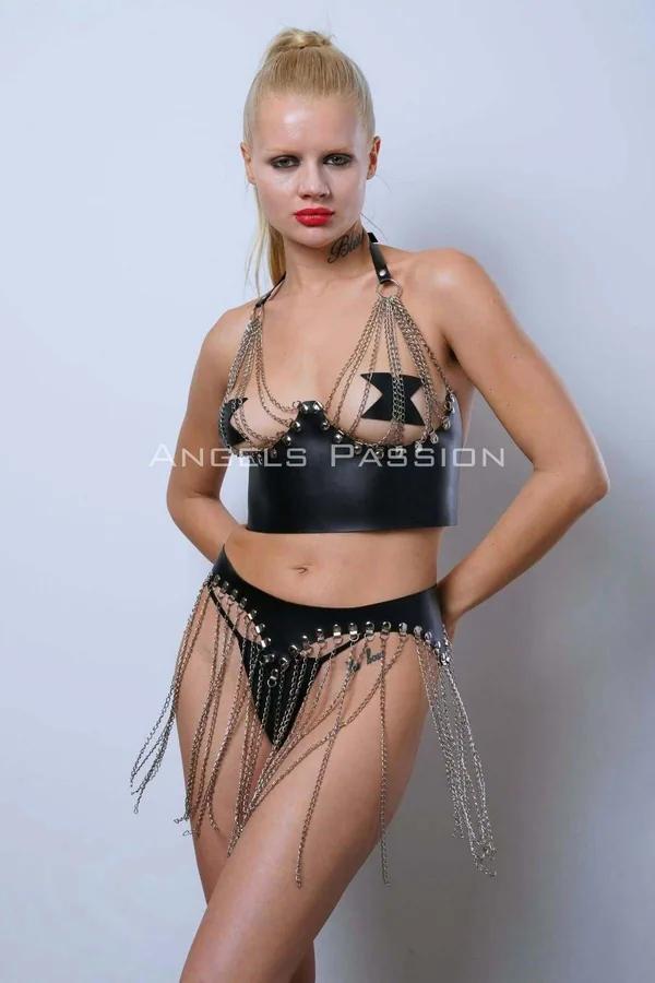 Faux Leather Bra Top and Chain Fringe Skirt Set