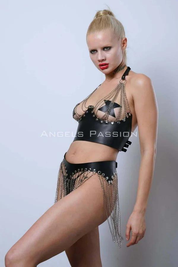 Faux Leather Bra Top and Chain Fringe Skirt Set