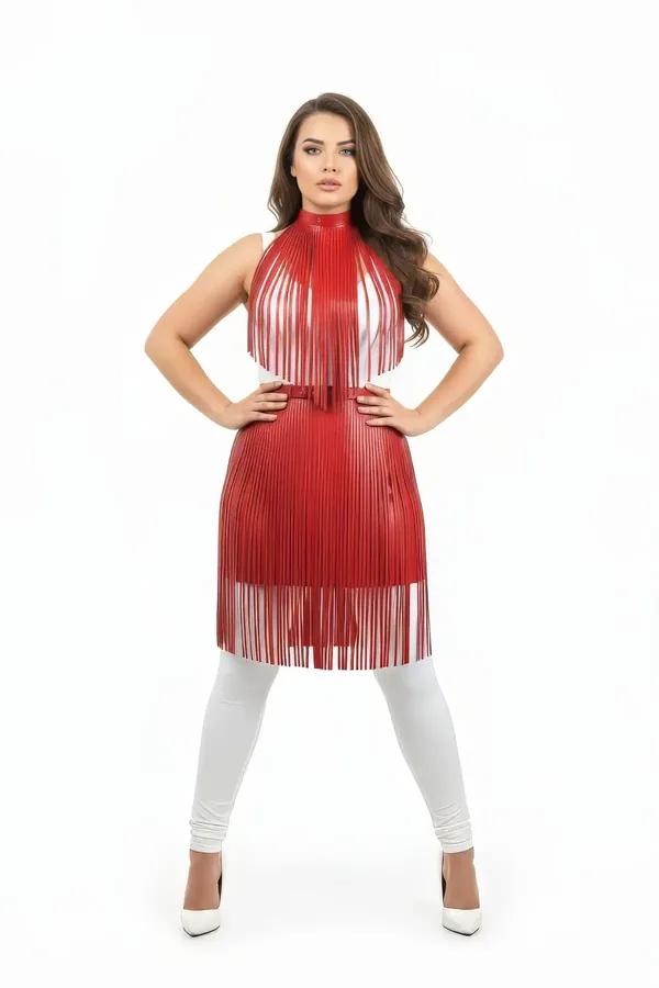 Red Faux Leather Fringe Body Harness with High Neck