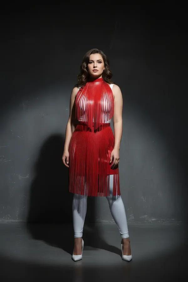Red Faux Leather Fringe Body Harness with High Neck