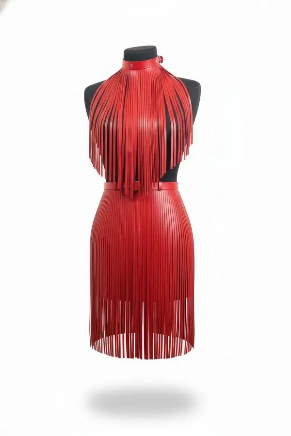 Red Faux Leather Fringe Halter Top and Skirt Set