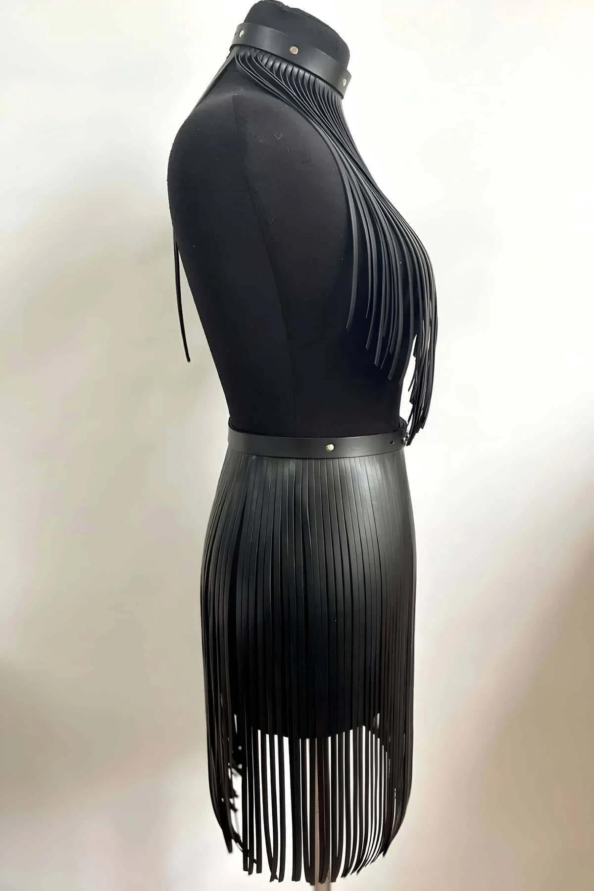 Fringe Faux Leather Halter Top & Skirt Set