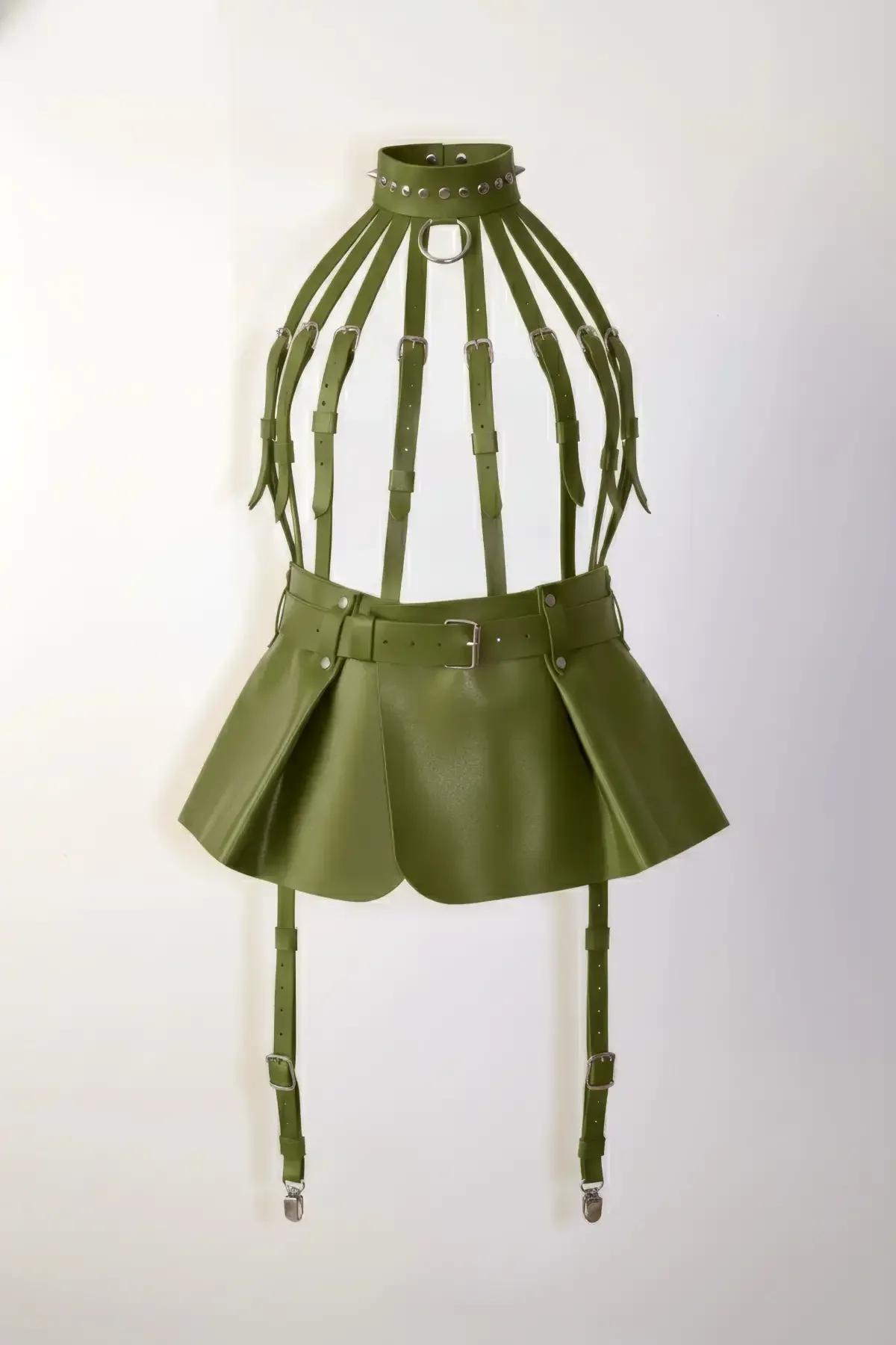 Caged Underbust Harness with Pleated Skirt & Garters